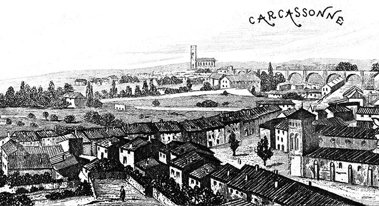Gravure de la ville de Carcassone, en 1883 - gravure reproduite et restaurée numériquement par © Norbert Pousseur