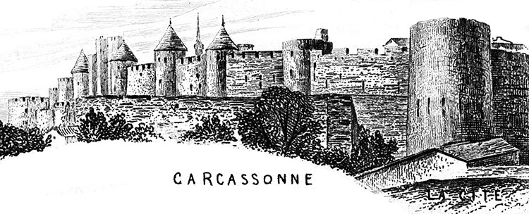 Gravure des murailles la ville de Carcassone, en 1883 - gravure reproduite et restaurée numériquement par © Norbert Pousseur