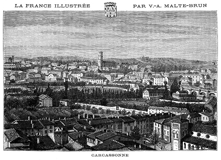 La ville basse de Carcassonne vers 1880 - gravure reproduite et restaurée numériquement par © Norbert Pousseur La ville basse de Carcassonne vers 1880 - gravure reproduite et restaurée numériquement par © Norbert Pousseur