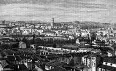 Zoom sur La ville basse de Carcassonne vers 1880 - gravure reproduite et restaurée numériquement par © Norbert Pousseur