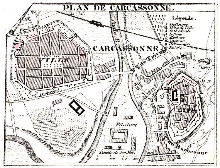 Plan de Carcassonne vers 1880 - gravure reproduite et restaurée numériquement par © Norbert Pousseur
