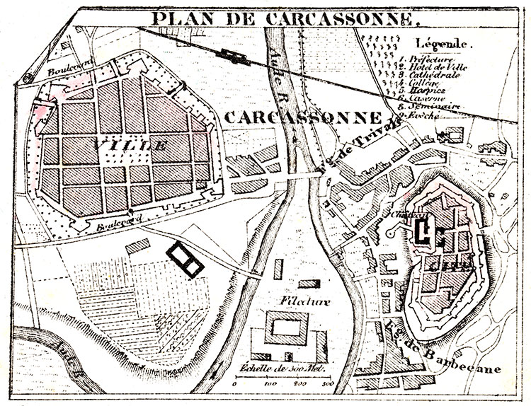 Plan de Carcassonne vers 1880 - gravure reproduite et restaurée numériquement par © Norbert Pousseur Plan de Carcassonne vers 1880 - gravure reproduite et restaurée numériquement par © Norbert Pousseur
