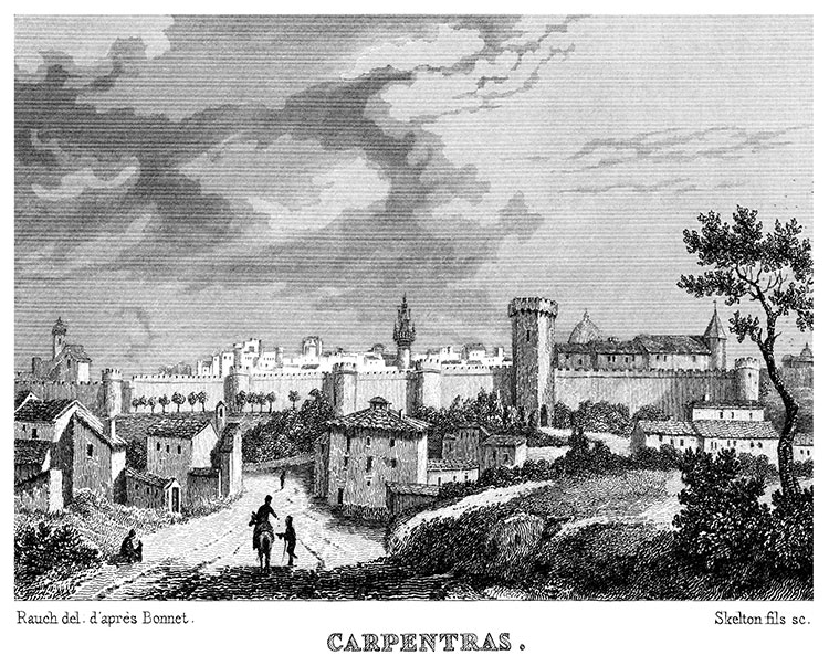 Entrée de Carpentras vers 1830 - gravure reproduite et restaurée numériquement par © Norbert Pousseur