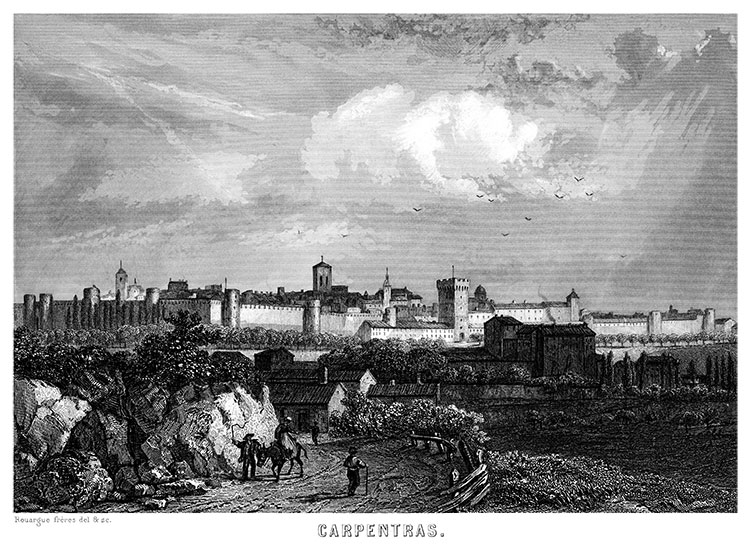 Carpentras depuis un de ses chemins d'accès vers 1850 - gravure reproduite et restaurée numériquement par © Norbert Pousseur Carpentras depuis un de ses chemins d'accès vers 1850 - gravure reproduite et restaurée numériquement par © Norbert Pousseur