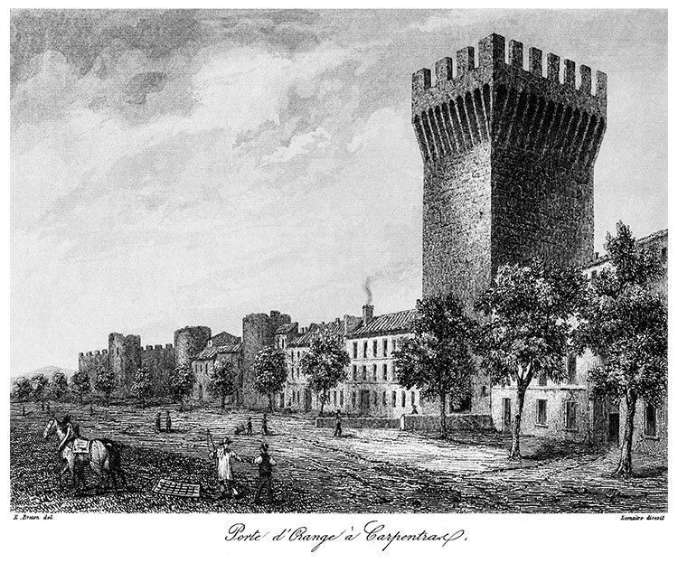 Porte d'Orange à Carpentras vers 1830 - gravure reproduite et retouchée numériquement par © Norbert Pousseur