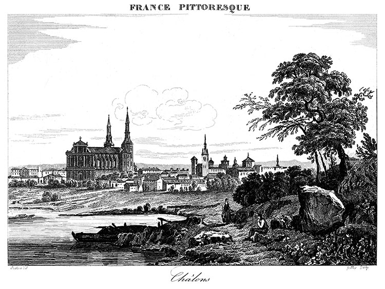 Châlons en Champagne depuis la Marne vers 1830 - gravure reproduite et restaurée numériquement par © Norbert Pousseur