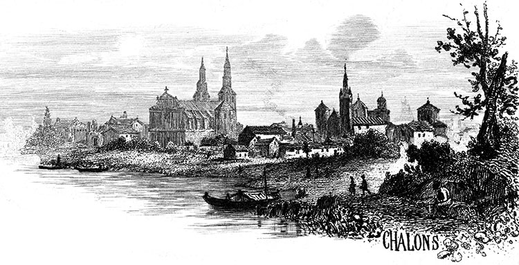 Châlons en Champgne vers 1850 - gravure reproduite et restaurée numériquement par © Norbert Pousseur