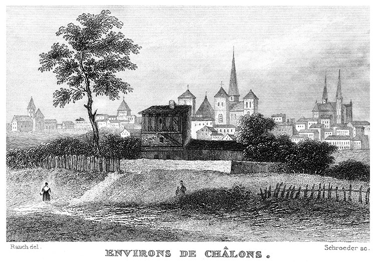 Châlons en Champagne depuis ses environs vers 1830 - gravure reproduite et restaurée numériquement par © Norbert Pousseur