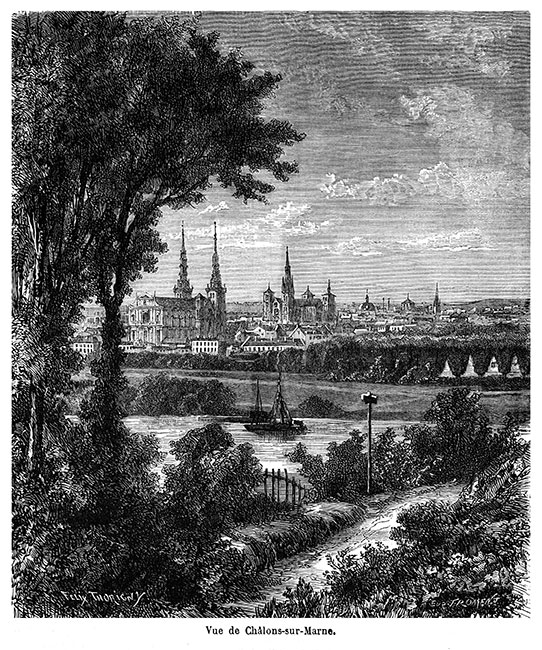 Châlons depuis les bords de Marne vers 1870 - gravure reproduite et restaurée numériquement par © Norbert Pousseur