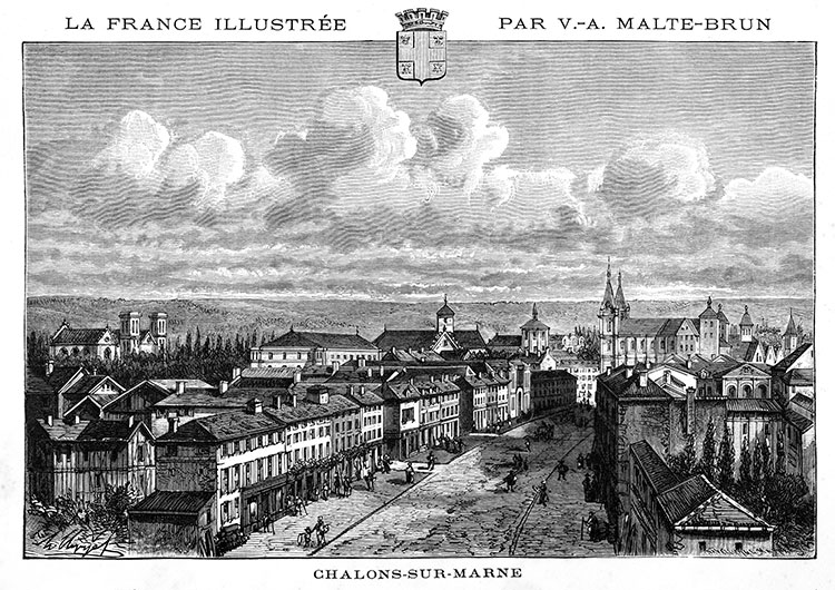 Le centre de Châlons en Champagne vers 1880 - gravure reproduite et restaurée numériquement par © Norbert Pousseur