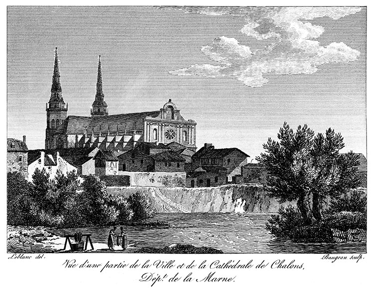 Châlons en Champagne et sa cathédrale vers 1825 - gravure reproduite et restaurée numériquement par © Norbert Pousseur