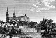 Zoom sur Châlons en Champagne et sa cathédrale vers 1825 - gravure reproduite et restaurée numériquement par © Norbert Pousseur
