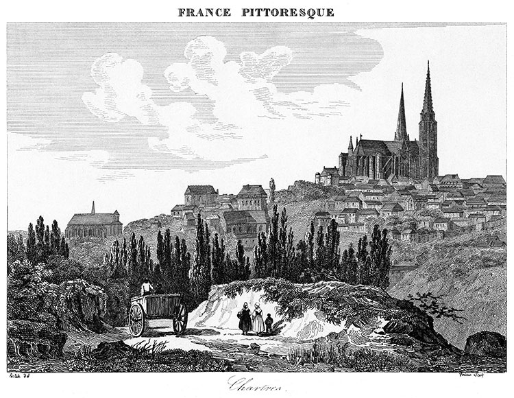 Chartres sur sa colline, vers 1830 - gravure reproduite et retouchée numériquement par © Norbert Pousseur