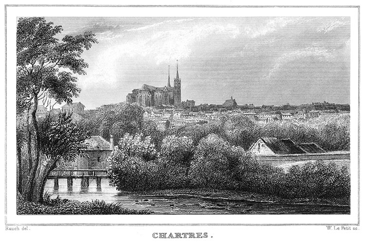 Chartres dominant l'Eure, vers 1830 - gravure reproduite et retouchée numériquement par © Norbert Pousseur