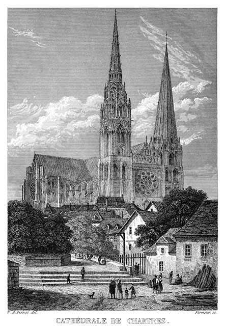 Les abords de la cathédrale de Chartres vers 1850 - gravure reproduite et retouchée numériquement par © Norbert Pousseur