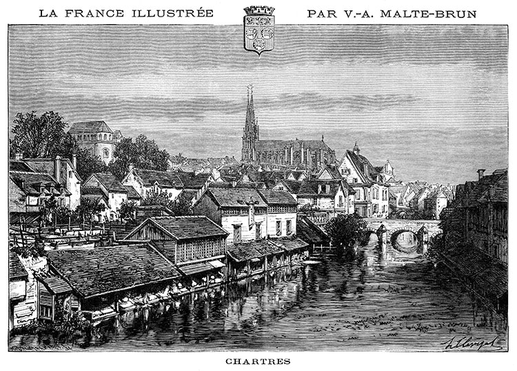 Chartres au bord de l'Eure, vers 1880 - gravure reproduite et retouchée numériquement par © Norbert Pousseur