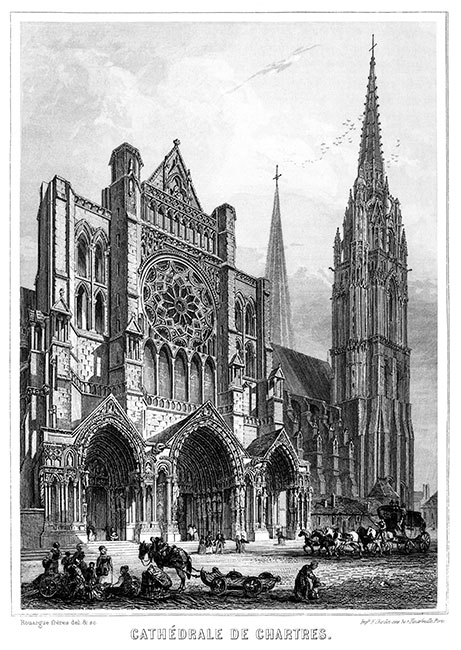 Façade côté du midi de la cathédrale de Chartres, vers 1850 - gravure reproduite et retouchée numériquement par © Norbert Pousseur