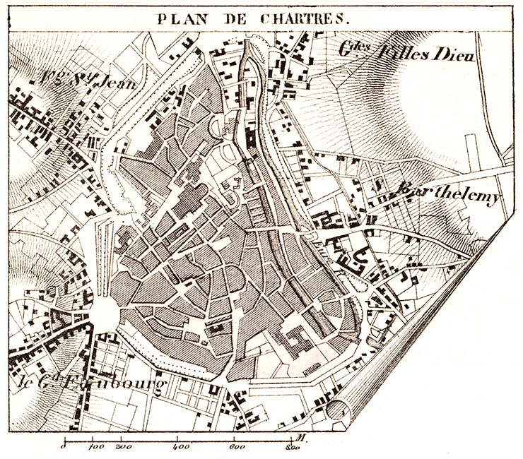 Plan de Chartes, vers 1850 - gravure reproduite et retouchée numériquement par © Norbert Pousseur