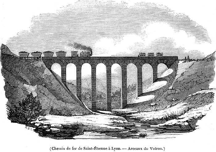Chemin de fer de Lyon à St Etienne - gravure de 1834 reproduite puis restaurée par © Norbert Pousseur