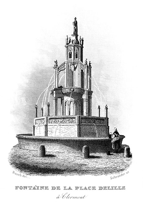 Fontaine place Delille à Clermont en 1838, dessiné par Rauch - gravure reproduite et restaurée par © Norbert Pousseur