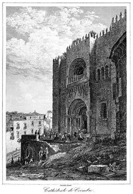 Cathédrale de Coïmbre au Portugal vers 1840 - gravure reproduite et corrigée numériquement par © Norbert Pousseur