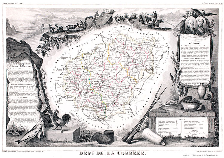 Carte de Levasseur du département de la Corrèze en 1847 - gravure reproduite et restaurée numériquement par © Norbert Pousseur