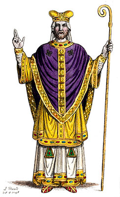 Ulger, évêque d'Angers en son costume, dessiné par Léopold Massard - Gravure  reproduite puis restaurée par © Norbert Pousseur
