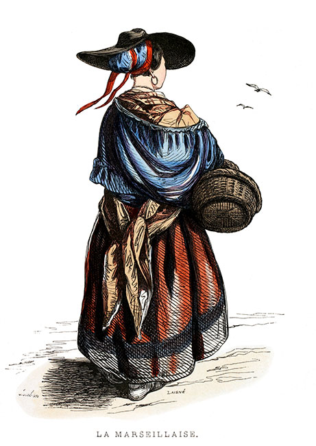 Une Marseillaise en costume traditionnel du 19ème siècle - gravure  reproduite et restaurée par © Norbert Pousseur