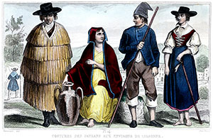 Imagem: Trajes de camponeses portugueses, cerca de 1850 - gravura por Demoraine reproduzida e restaurada por © Norbert Pousseur