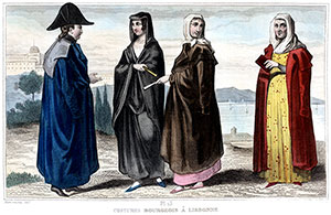 Imagette : Costumes de bourgeois portugais, vers 1850 - gravure de Demoraine reproduite et restaurée par © Norbert Pousseur