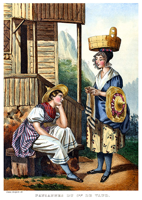 Paysannes du canton de Vaud vers 1830 - gravure reproduite et restaurée numériquement par  © Norbert Pousseur