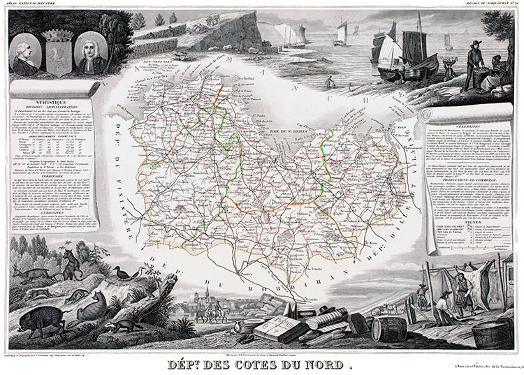 Carte de Levasseur des Côtes d'Armor en 1847 - gravure reproduite et restaurée numériquement par © Norbert Pousseur