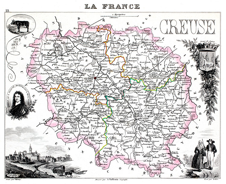 Carte du département de la Creuse en 1851 - gravure reproduite et restaurée numériquement par © Norbert Pousseur