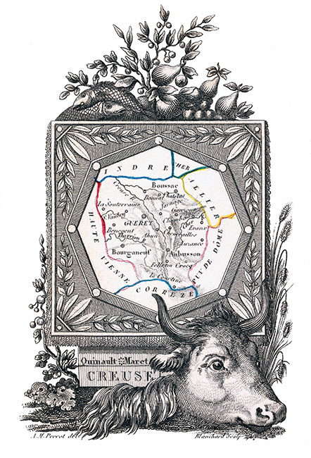 Carte succinte de la Creuse vers 1830 - gravure reproduite et restaurée numériquement par © Norbert Pousseur