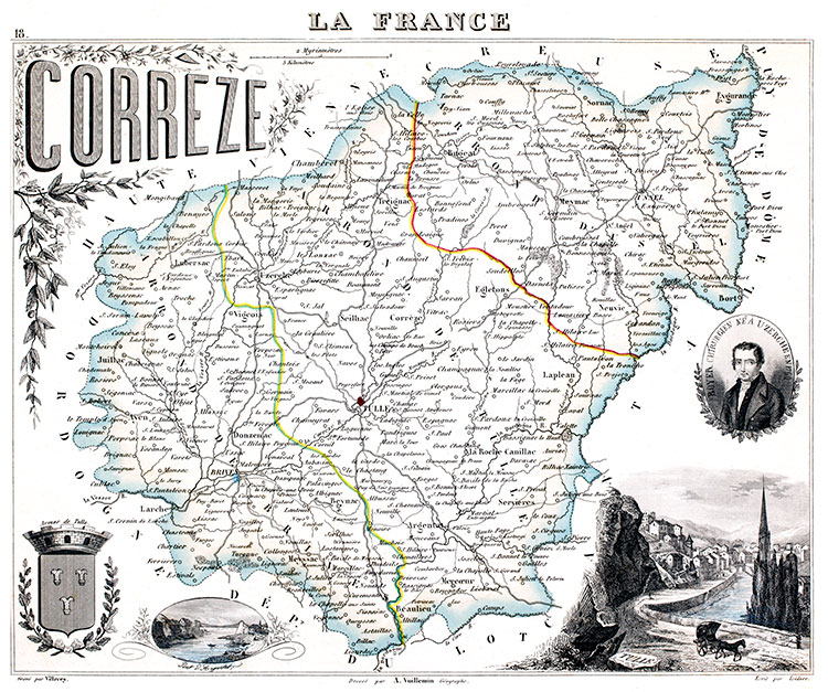 Carte du département de la Corrèze en 1851 - gravure reproduite et restaurée numériquement par © Norbert Pousseur
