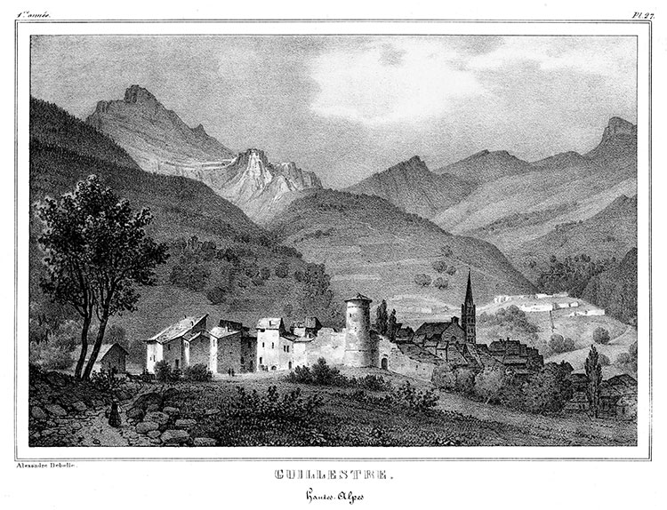 Guillestre vers 1830 par Alexandre Debelle  - gravure reproduite et restaurée numériquement par © Norbert Pousseur