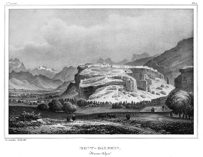 Mont-Dauphin vers 1830 par Alexandre Debell - gravure reproduite et restaurée numériquement par © Norbert Pousseur