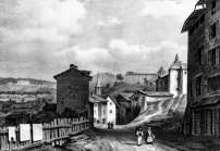 Zoom sur Une des rue d'accès de Voiron vers 183 par Alexandre Debelle  - gravure reproduite et restaurée numériquement par © Norbert Pousseur