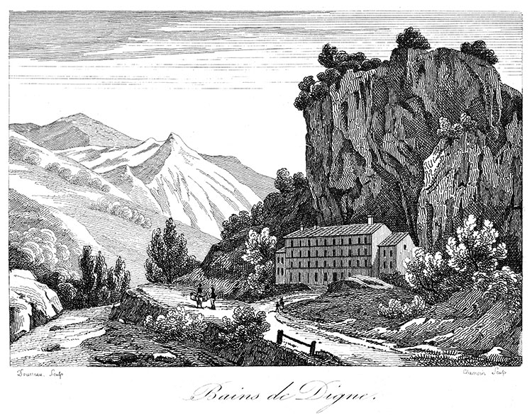 Bains de Digne vers 1830 - gravure reproduite et restaurée numériquement par © Norbert Pousseur