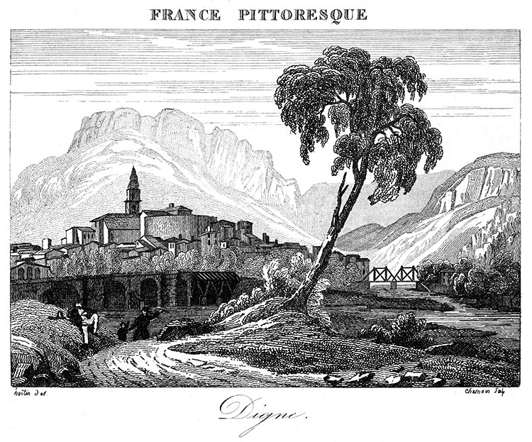 Digne contre les montagnes vers 1830 - gravure reproduite et restaurée numériquement par © Norbert Pousseur