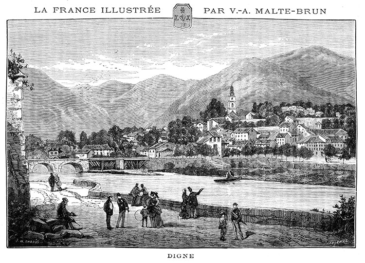 Digne sur la Bléone vers 1850 - gravure reproduite et restaurée numériquement par © Norbert Pousseur