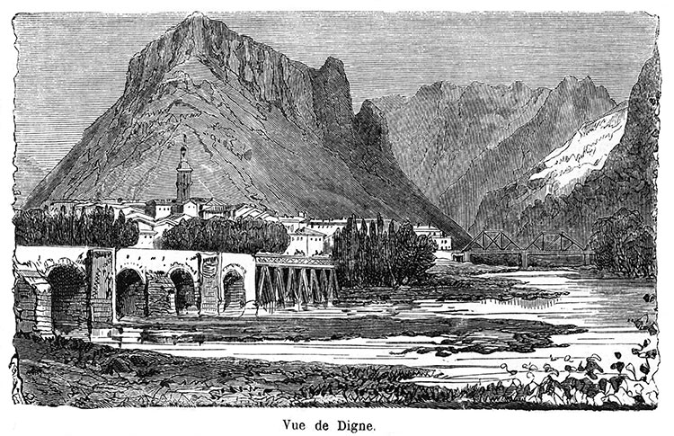 Digne et son pont sur la Bléone vers 1870 - gravure reproduite et restaurée numériquement par © Norbert Pousseur