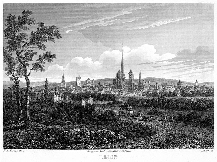 Dijon du temps des diligences, vers 1850 - gravure reproduite et retouchée par © Norbert Pousseur