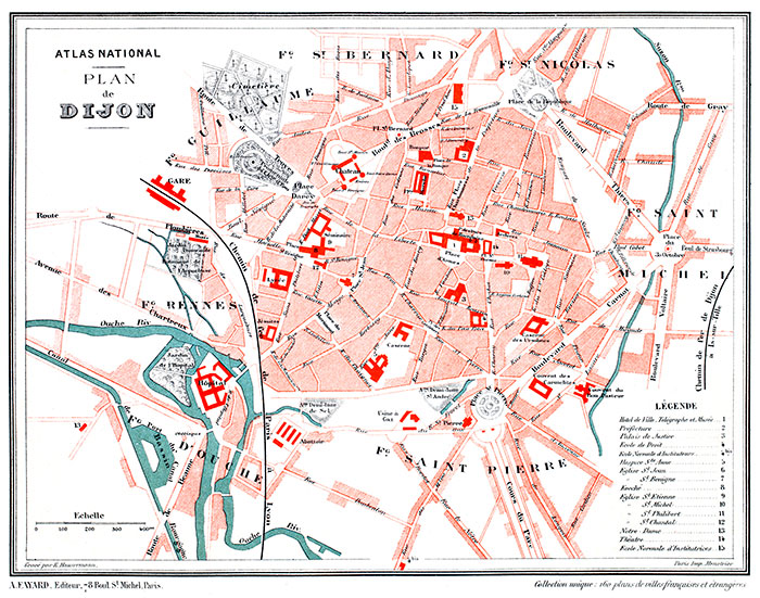 Plan du centre de Dijon - gravure reproduite et retouchée par © Norbert Pousseur