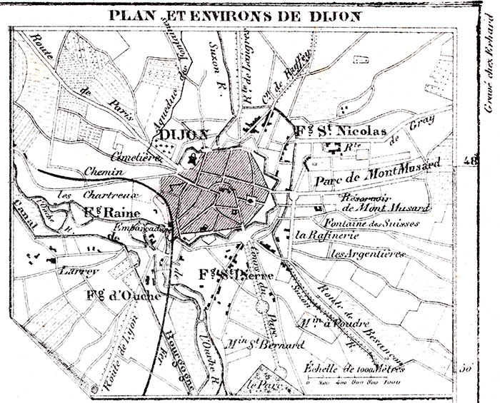 Plan de Dijon vers 1880 - gravure reproduite et retouchée par © Norbert Pousseur