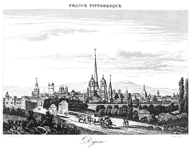 Arrivée à Dijon vers 1830 - gravure reproduite et retouchée par © Norbert Pousseur