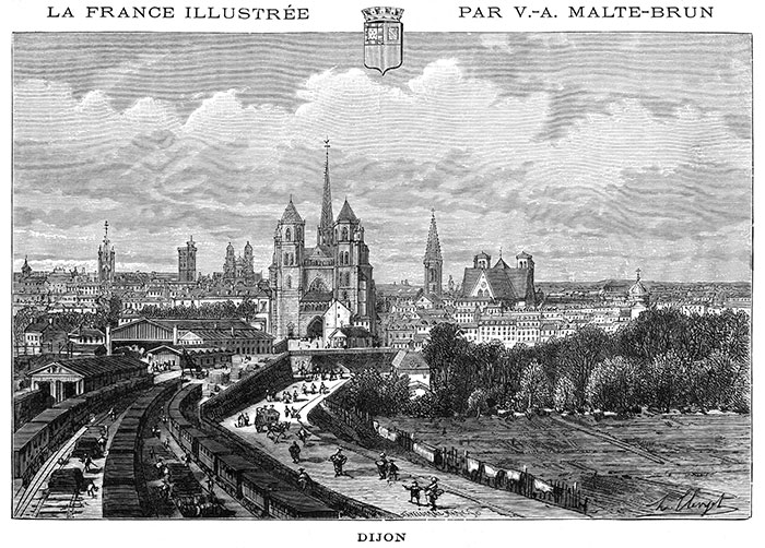 Dijon et sa gare vers 1870 - gravure reproduite et retouchée par © Norbert Pousseur