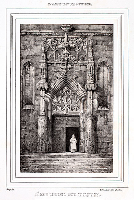 Entrée de l'église St Michel de Dijon vers 1835  - gravure reproduite et retouchée par © Norbert Pousseur