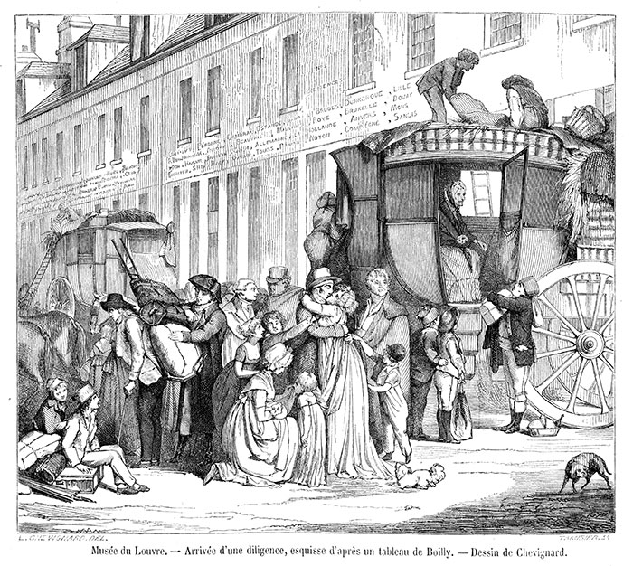Diligence en 1855 au départ de Paris - Gravure de Chevignard,  reproduite puis restaurée par © Norbert Pousseur
