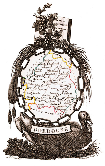 Carte succinte de la Dordogne vers 1830 - gravure reproduite et restaurée numériquement par © Norbert Pousseur